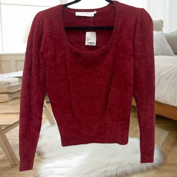ASTR THE LABEL SQUARE NECK BURGUNDY WINE OX BLOOD FUZZY EYELASH SWEATER XL - Picture 7 of 16
